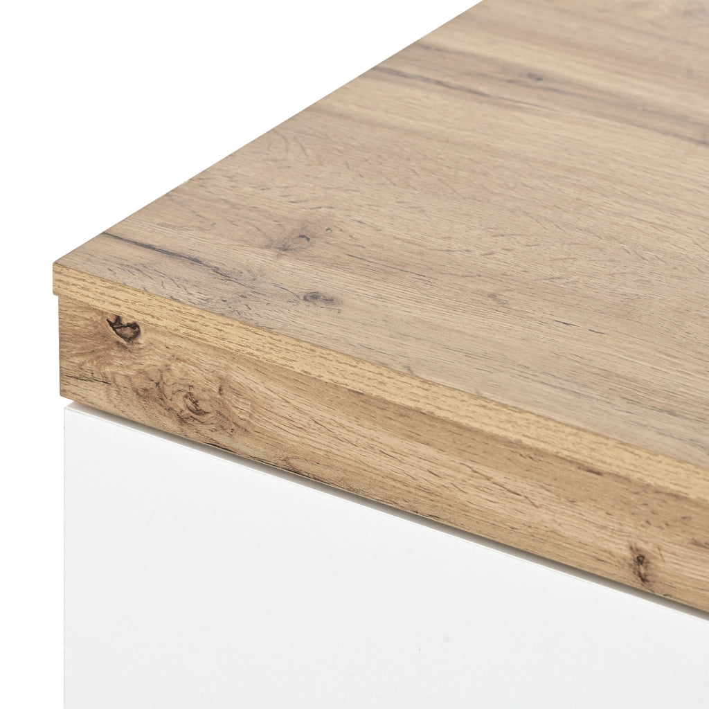 Comodino classico con 2 cassetti, finitura bianco e rovere, in truciolare E1, per camera da letto