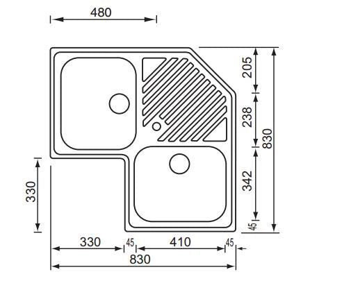 CM Ilaria 83x83 2V Lavello ad incasso Angolo Acciaio inossidabile