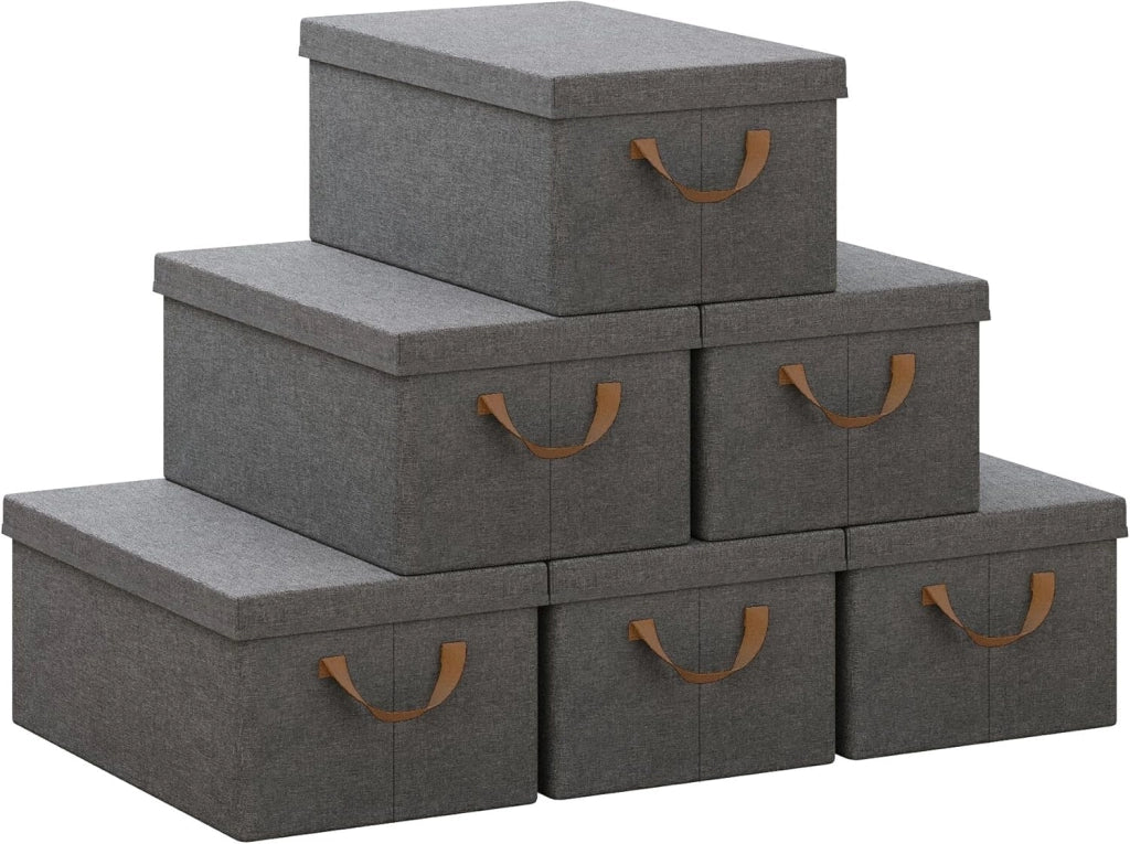 Scatole portaoggetti in Tessuto 6 Pezzi, Contenitori pieghevoli con Coperchio e Maniglie, per Vestiti da Armadio, Grigio, 48x29x20cm