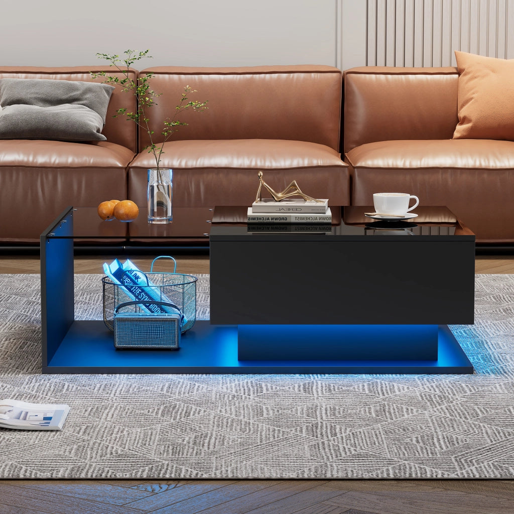 TAVOLO da caffè 100x50x32 cm nero lucido con vetro, cassetto e LED