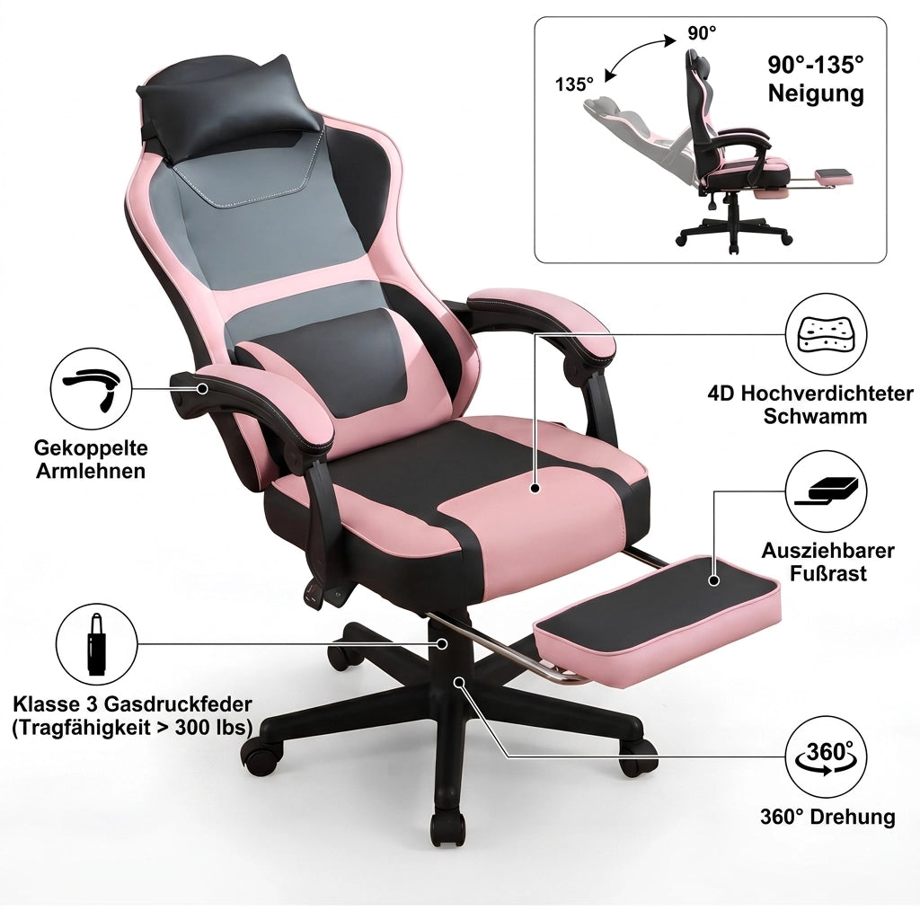 Sedia da ufficio gaming con tasca posteriore, cuciture curate e cilindro pneumatico a tre livelli in pvc rosa baby