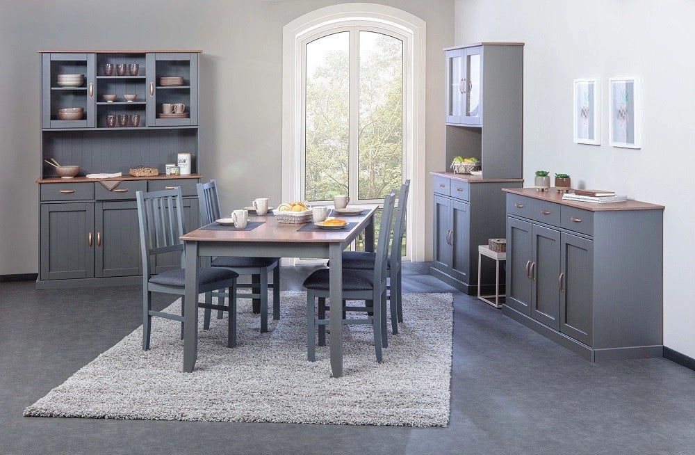 MOBILE SOGGIORNO CREDENZA BUFFET LUZERNA 3 ANTE + 3 CASSETTI 131x45x86H PINO MASSELLO VERNICIATO A ACQUA GRIGIO E MARRONE SEPPIA