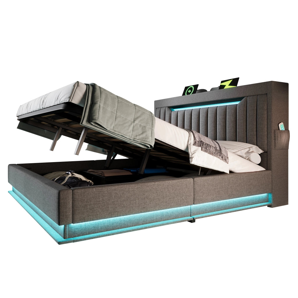 Letti contenitori 140x190 cm con LED e ricarica; spazio contenitore; lino; grigio (Senza materasso)