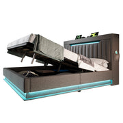 Letti contenitori 140x190 cm con LED e ricarica; spazio contenitore; lino; grigio (Senza materasso)