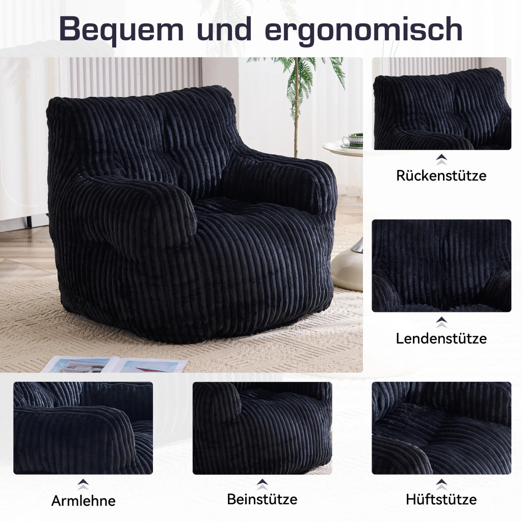Fauteuil pouf in tessuto cord con imbottitura in fiocchi di memory foam per interni nero 100 × 94 × 70 cm