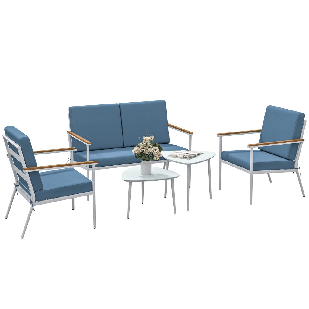 Set  5 Pezzi da Esterno Divano 2 Poltrone e 2 Tavolini in Vetro Azzurro
