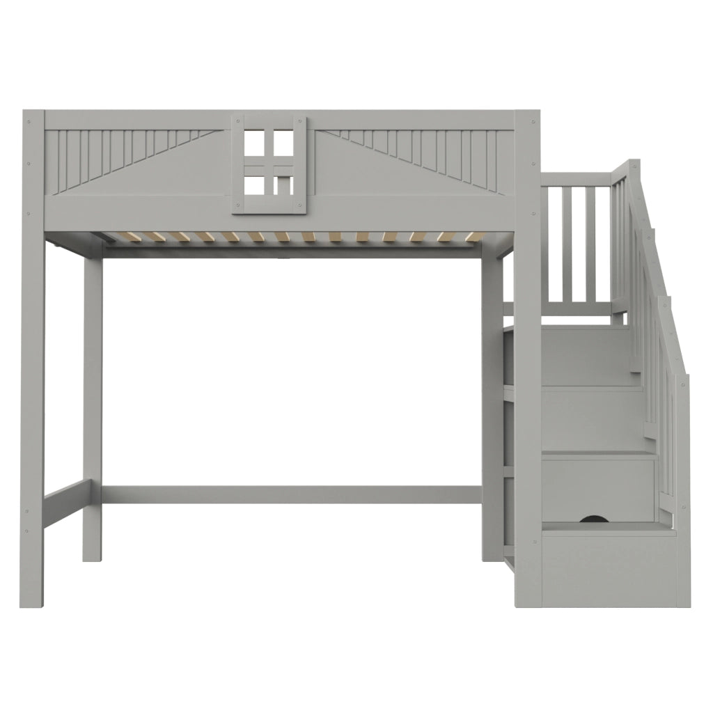 Letto a soppalco 140x200 cm con parapetto a finestra e scala contenitore reversibile; legno massello grigio