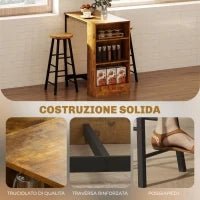 Set da Pranzo con Bancone Bar con 3 Ripiani e 2 Sgabelli Alti con Poggiapiedi Stile Industriale, Marrone