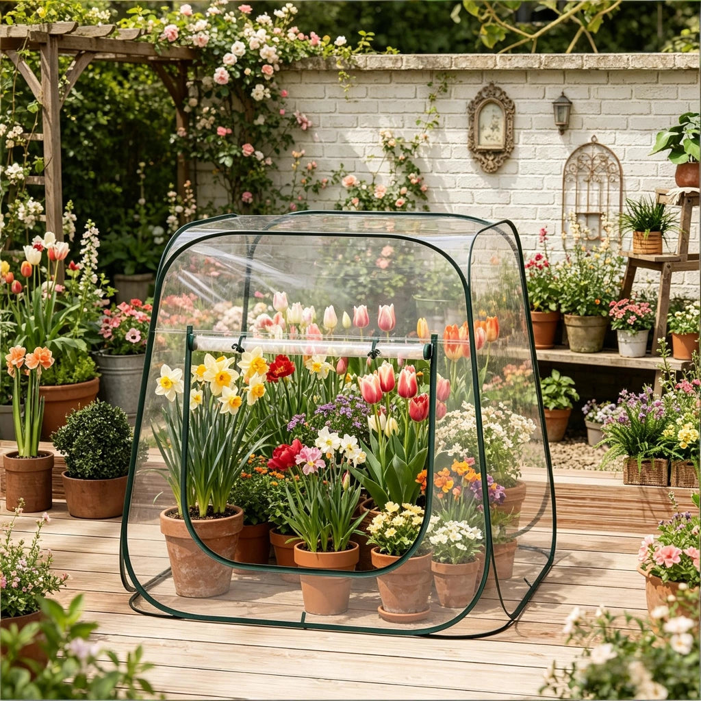 Semenzaio da giardino pop up con apertura a cerniera a U e ventilazione in PVC e metallo trasparente 100 × 100 × 97 cm