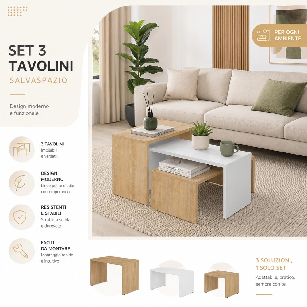 Tavolino Caffe Divano Salotto Rettangolare 3Pz Design Moderno Legno Quercia