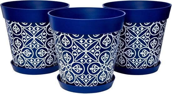 Set di 3 vasi in plastica blu marocchina - ideali per interni e esterni - 3 pezzi - 25cm di diametro