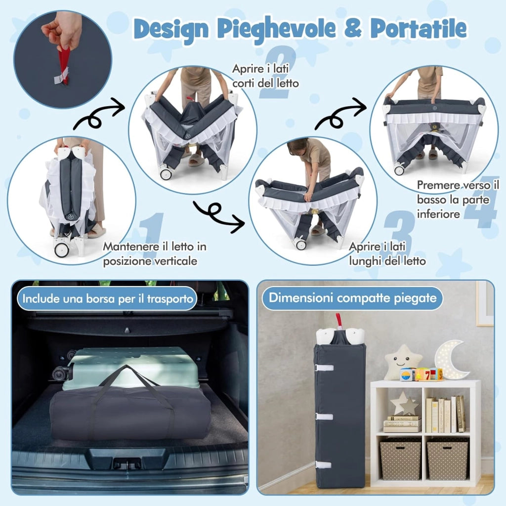 Lettino da Campeggio per Bambini, Culla Pieghevole con Fasciatoio Zanzariera, Box Neonati con Giocattoli, Ruote, per Bambini 0-36 Mesi (Grigio)