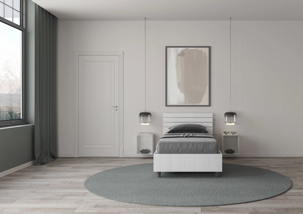Letto Singolo 80x190 cm con Rete e Contenitore Ankel Testata Doghe Inclinata Bianco Frassino