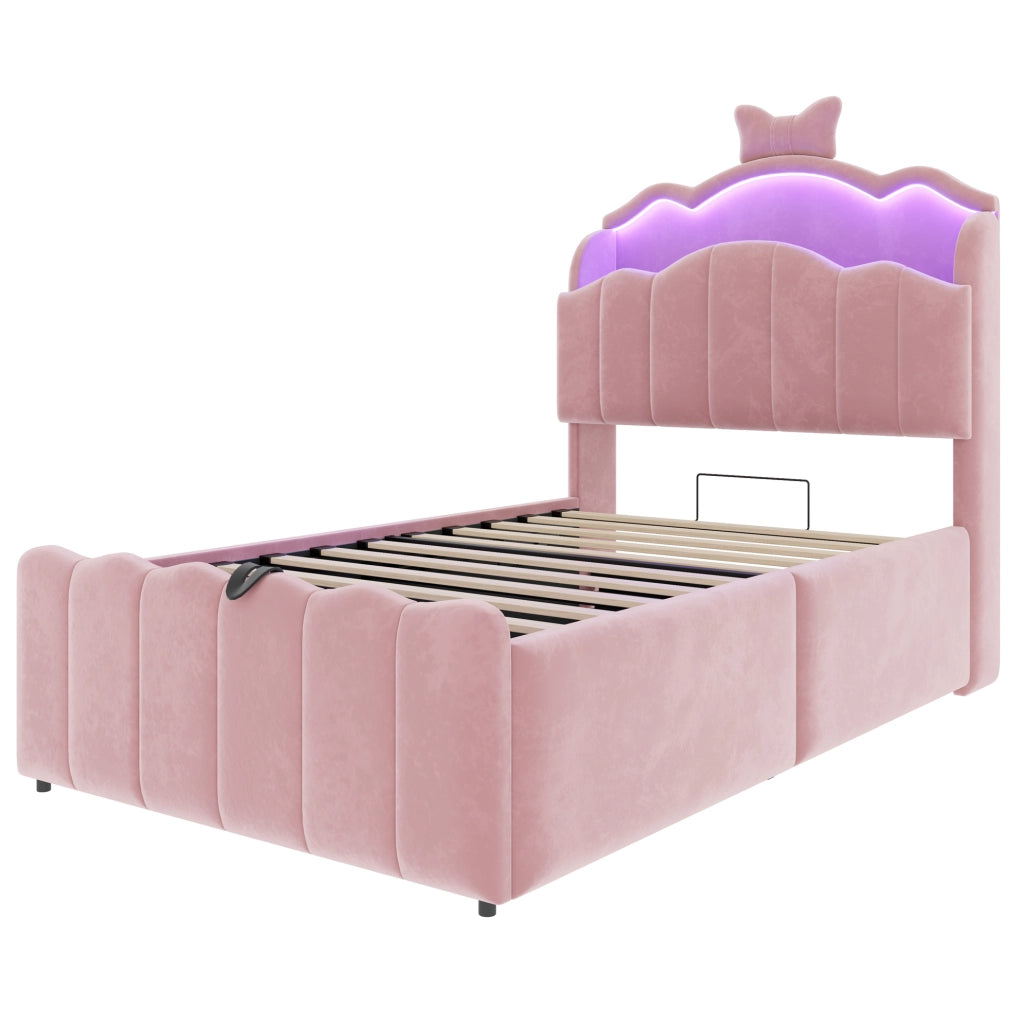 Letto per bambini 90 x 200 cm con testiera a fiocco; LED multicolore; USB e USB-C in velluto rosa