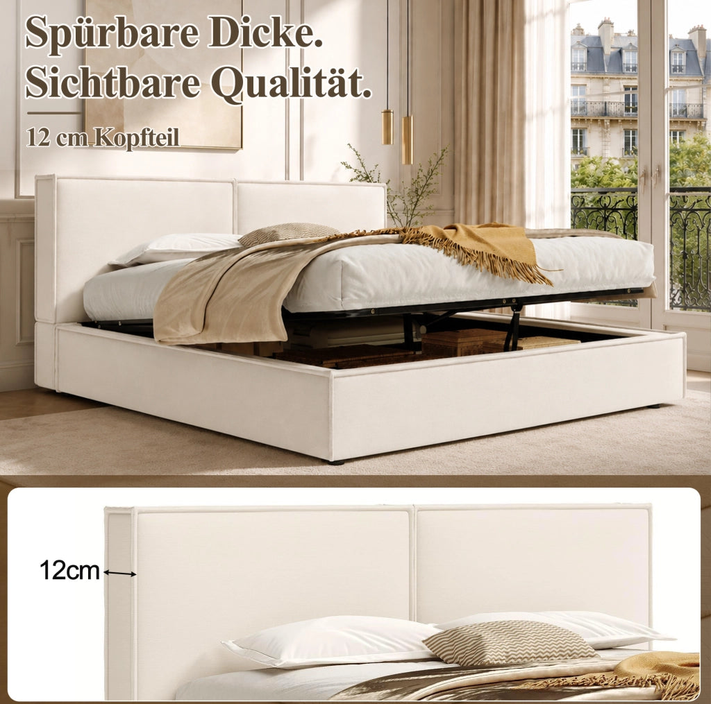 Letto matrimoniale 180x200 cm con contenitore idraulico; testiera imbottita in lino beige