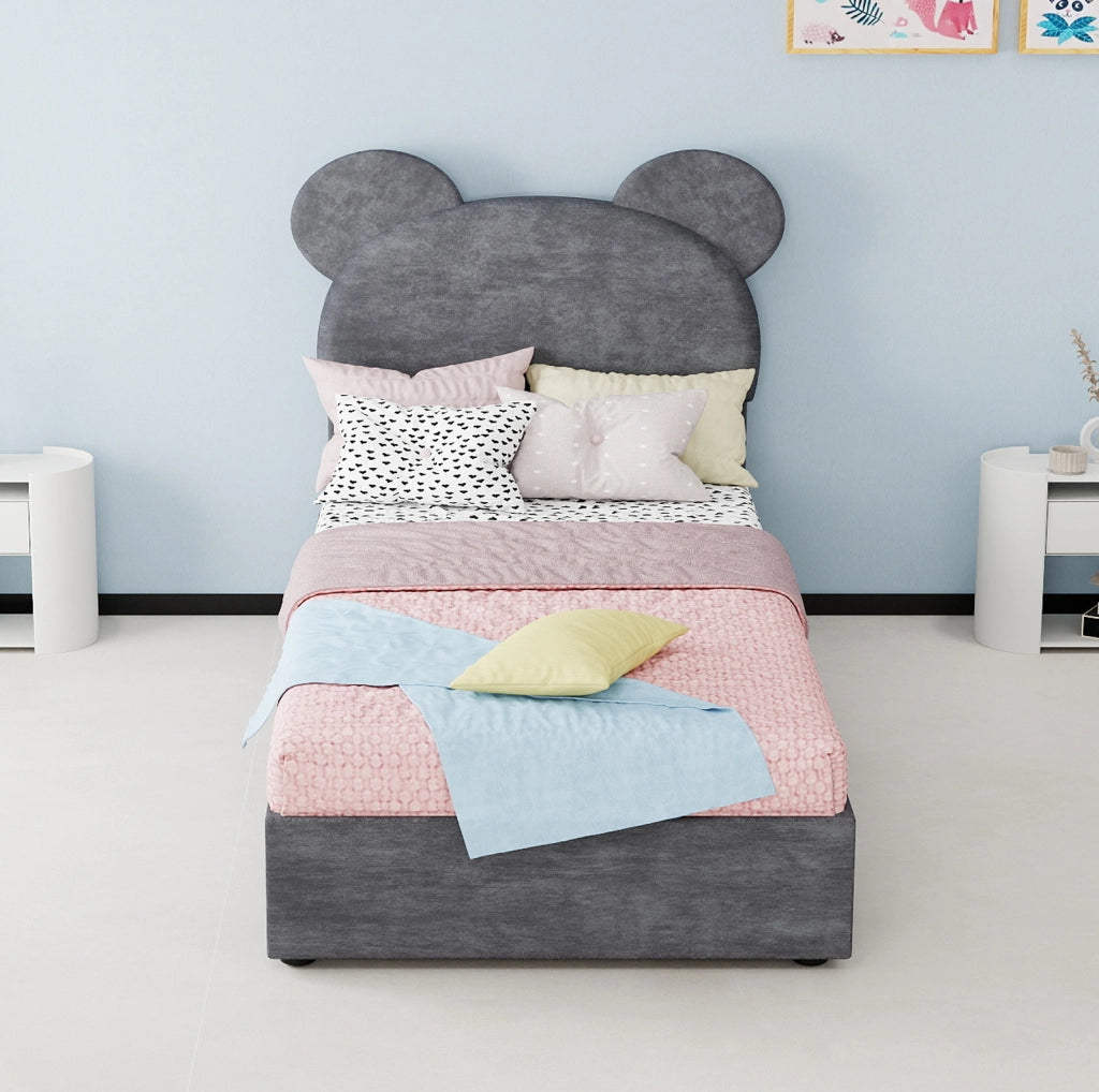 Letto imbottito 90x200 cm con contenitore a sollevamento pneumatico; tessuto e metallo; grigio