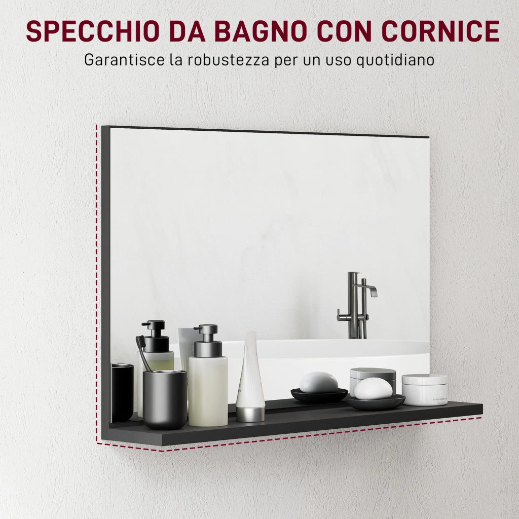 Specchio Bagno da Parete con Mensola Design Moderno e Multiuso, 60x12x40 cm, Nero