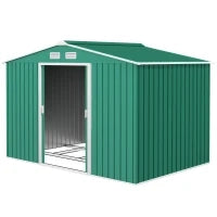 Casetta da Giardino 4.9 m² con Fondazione, 4 Prese d'Aria e 2 Porte Scorrevoli, Capanno Porta Attrezzi in Lamiera d'Acciaio, 277x195x192 cm, Verde Scuro