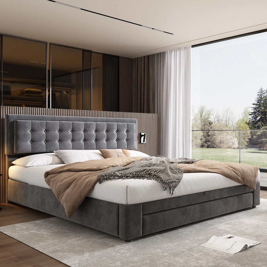 Letto imbottito contenitore in velluto con cassetti; 180x200 cm; grigio