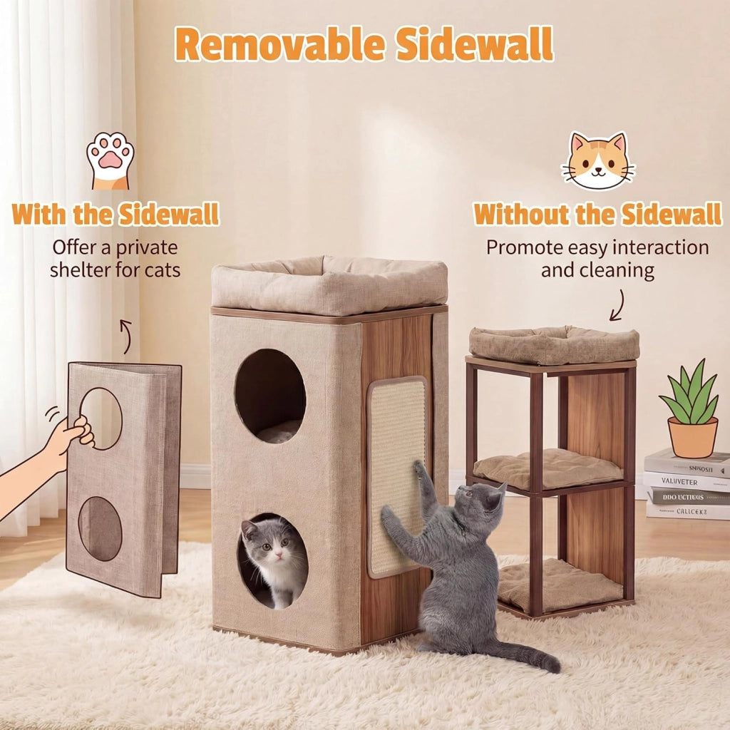 Tiragraffi per Gatti a Torre 77,5 cm, 3 Piani con 2 Grotte, Cuccia Albero per Gatti con Piastra Tiragraffi, Copertura Rimovibile e Cuscino, Tubo Stabile Ø38, Beige e Naturale