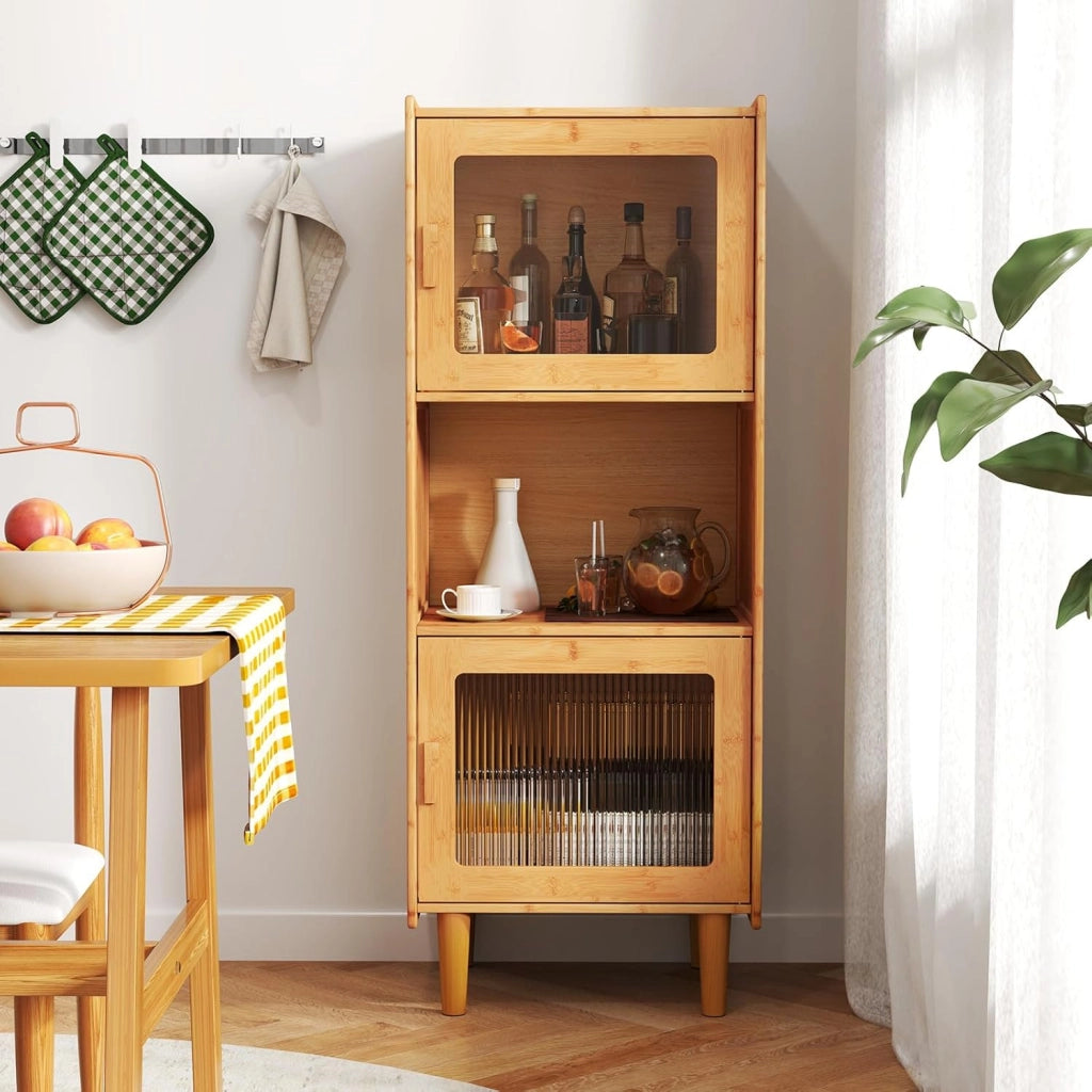 Armadietto da Cucina a 3 Ripiani con 2 Ante in Acrilico Trasparente, Credenza Espositore in Bambù Salvaspazio, Libreria Vetrina per Studio e Soggiorno, 49,5 x 40 x 130 cm, Naturale
