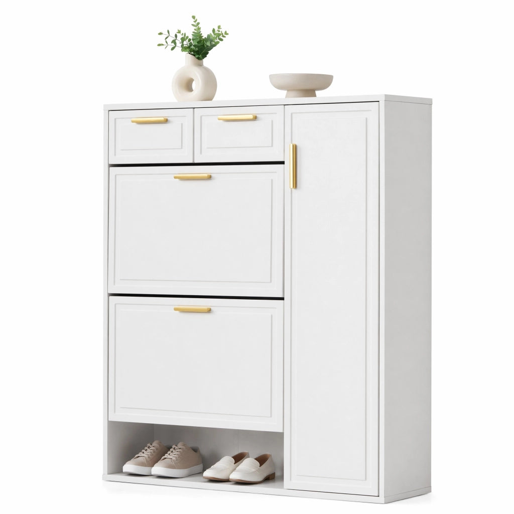 Scarpiera bianca 95x24x107;5 cm con ripiani regolabili; cassetti e vani aperti