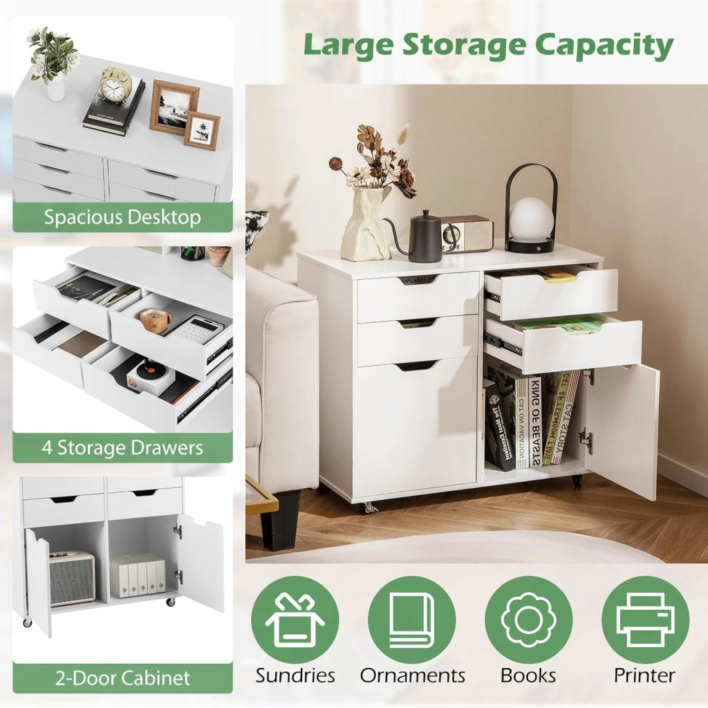 Raccoglitore mobile con 5 ruote, cassettiera con 4 cassetti e 2 armadi con porte, supporto per stampante in legno, mobile di stoccaggio per ufficio, soggiorno