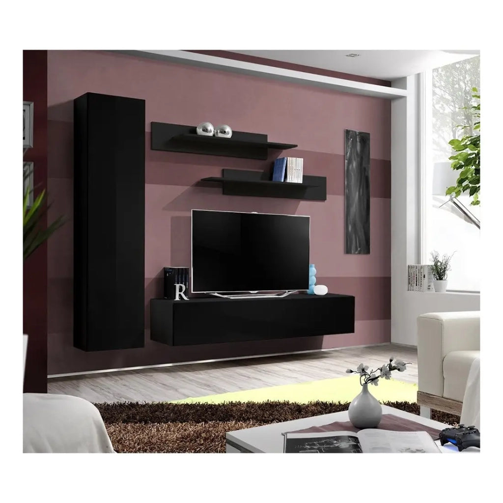 Mobile TV FLY G1 design, colore nero lucido. Mobile sospeso moderno e alla moda per il tuo soggiorno.