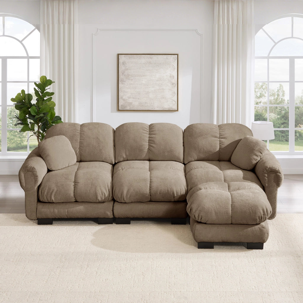 Divano angolare a 3 posti con pouf mobile 260x149x90 cm in chenille marrone