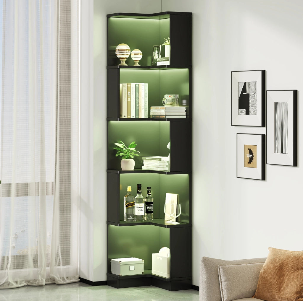 Libreria angolare a L con LED, 5 ripiani, nero