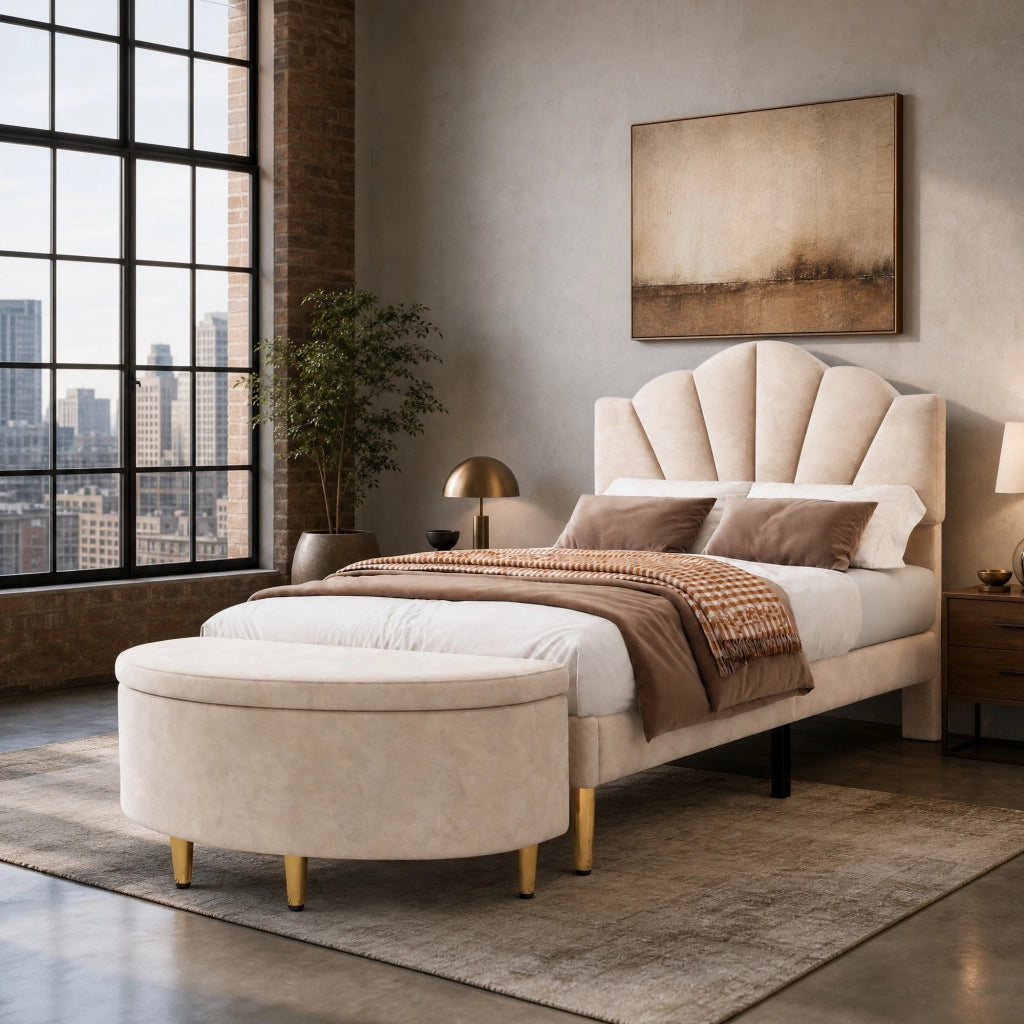 LETTO imbottito 90x200 cm in velluto beige con testiera regolabile