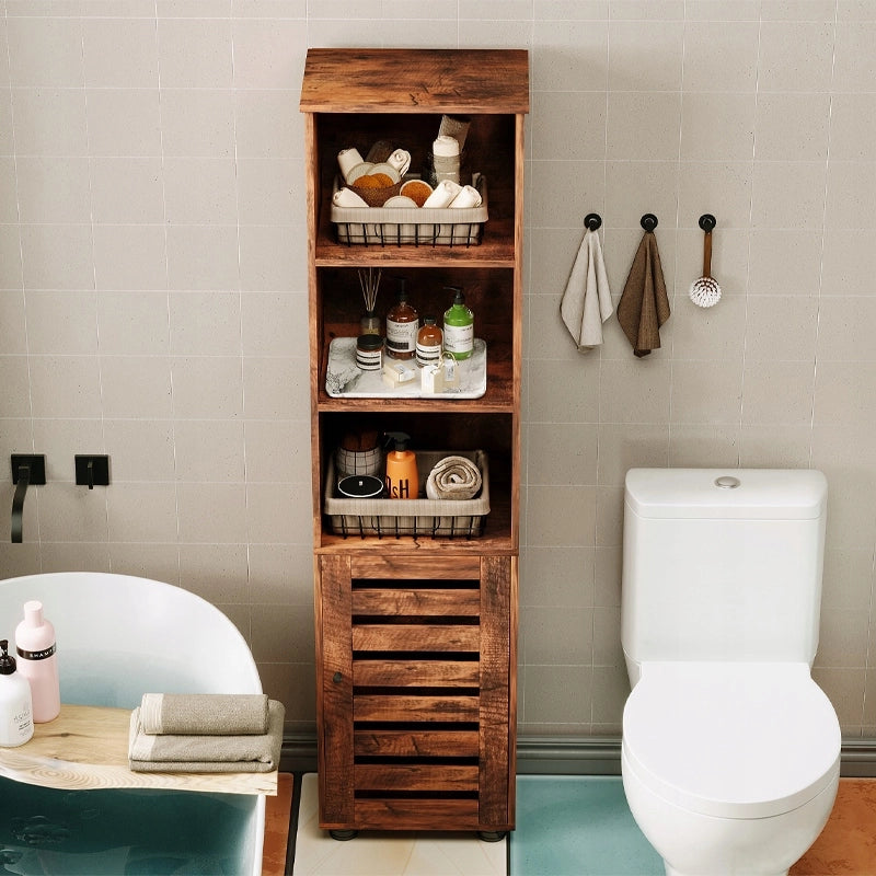Mobiletto da bagno stretto, marrone scuro, stile rustico, altezza 88 cm