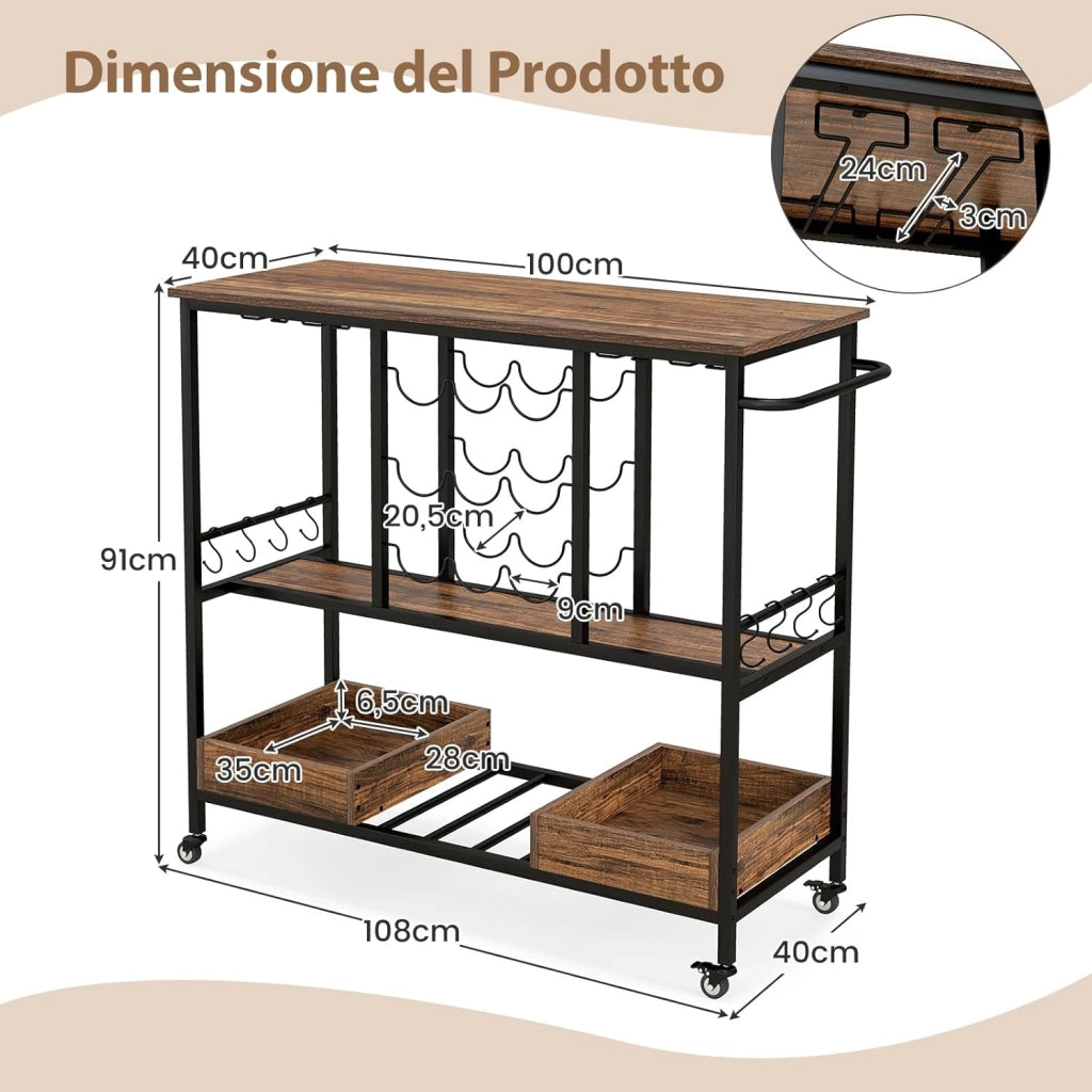 Carrello Bar a 3 Livelli, Carrello Portabevande con Portabicchieri, Portabottiglie, 8 Ganci e 2 Scatole Portaoggetti, Carrello di Vino per Cucina, Sala da Pranzo e Soggiorno