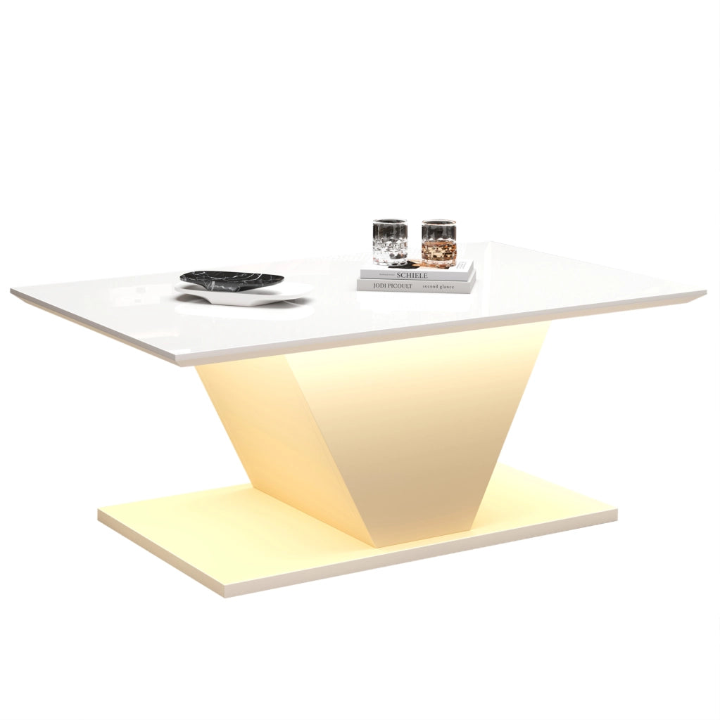 Tavolino da salotto bianco con LED, piano lucido e design a V