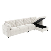 Divano angolare letto con contenitore e tasche laterali in velluto beige