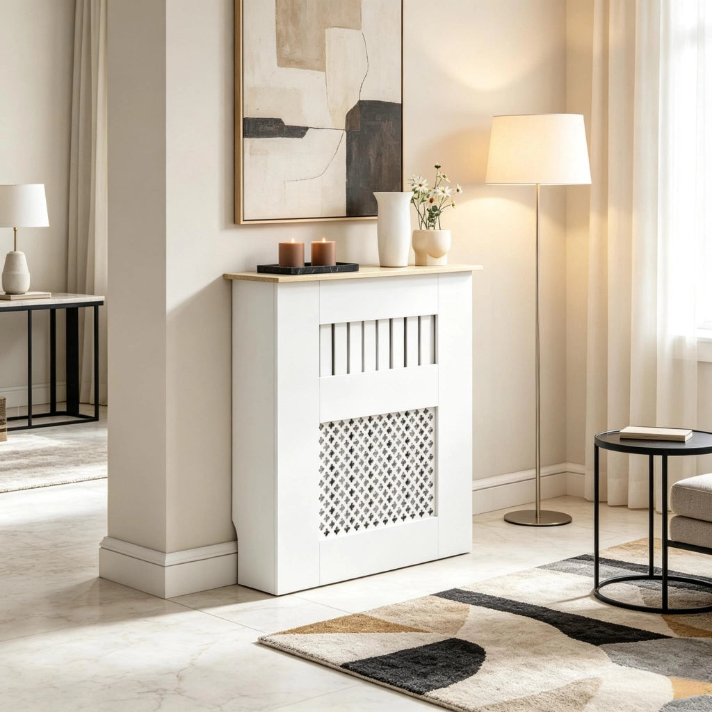 Copriradiatore bianco 78x19x81 cm, design moderno con lamelle e motivo a nido d'ape per termosifoni