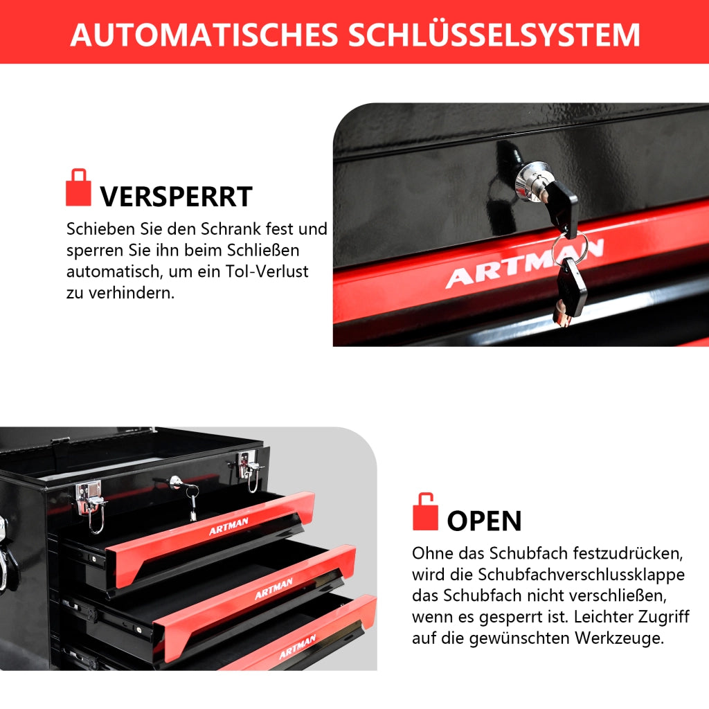 CASSETTA PORTA ATTREZZI con 3 cassetti 50x27x35 cm in acciaio Nero-Rosso