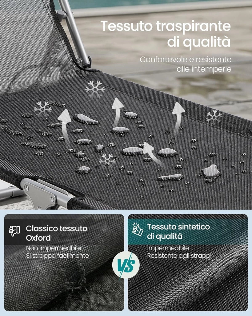 SONGMICS Sedie a Sdraio Pieghevoli, 189 x 53 x 28,5 cm, Lettini Prendisole, Portata 110 kg Ciascuno, Parasole e Schienale Regolabili, per Terrazza e Balcone, Set da 2, Nero GCB294BZ02