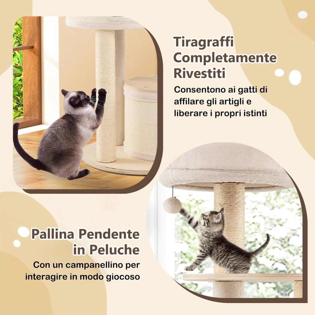 Albero per Gatti, Tiragraffi per Gattini con Tiragraffi in Sisal e Tappetino, Condomini, Piattaforma, Amaca, Giocattolo Pendente, Cuscino Lavabile e Multi-Livello, Mobili per Gatti da Interno