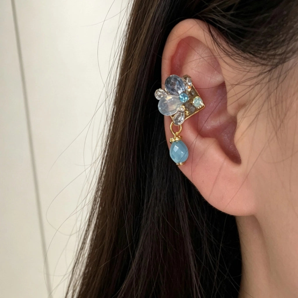 Nuovo orecchino a clip a farfalla con perla di cristallo blu