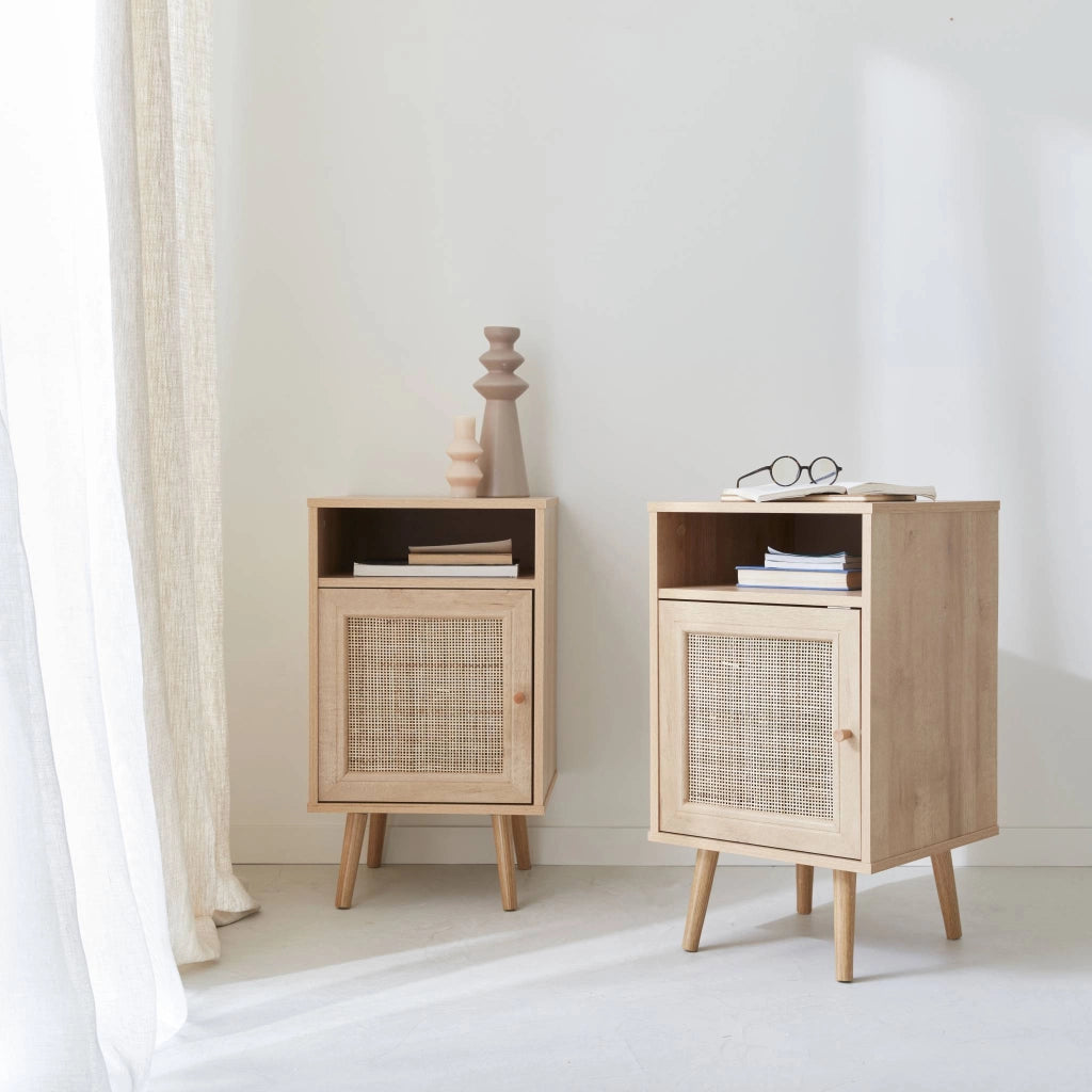Set 2 comodini scandinavi in intrecciatura cannage, marrone naturale