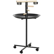 Posatoio per pappagalli su piedistallo, con 4 ruote e 2 ciotole, in acciaio inox, Ø 60 x 111 cm, Grigio