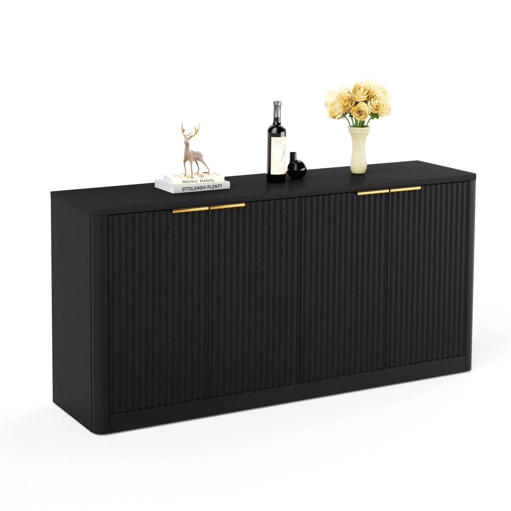 Credenza con 4 ante e vani chiusi; per soggiorno; in MDF; 150×40×70.5 cm; nera