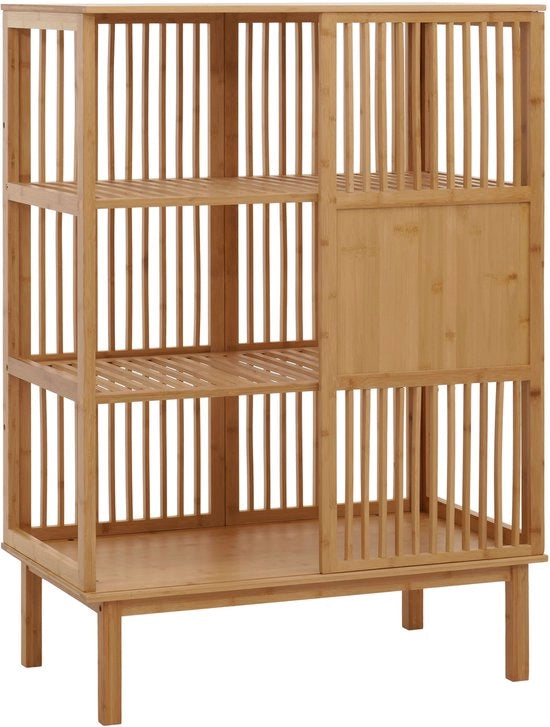 Pannello di pavimento in bambù MCW-N81, armadio per la stanza da bagno Armadio per la stanza da bagno con 3 ante, porta scorrevole MVG 115x80x45cm