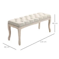 Panca Fondoletto Vintage con Seduta Imbottita in Tessuto e Gambe in Legno, 110x40x48cm, Beige