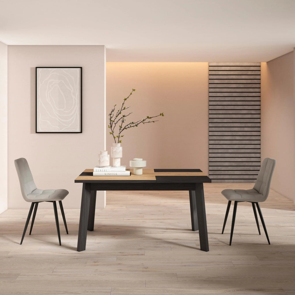 Tavolo da Pranzo, 140x90x74cm, Per 6 persone, Gambe in legno, colore Rovere e nero RF2884