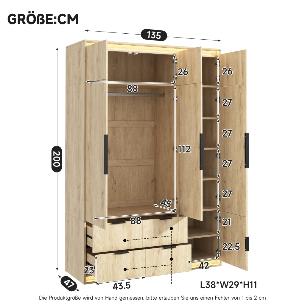 Armadio con specchio e LED, 3 ante, 4 cassetti e 8 vani, per camera da letto, in MDF rovere, 135 × 47 × 200 cm