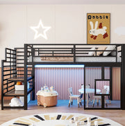 Letto a soppalco 90x200 cm con scala; contenitore; LED e finestre in metallo e MDF nero