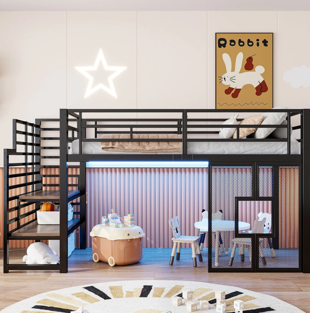 Letto a soppalco 90x200 cm con scala; contenitore; LED e finestre in metallo e MDF nero