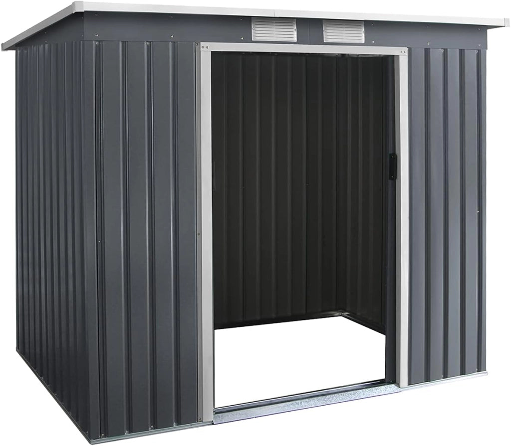 Capanno per Attrezzi, Casetta da Giardino, Capanno in Lamiera, Box da Giardino con Falda, Mobile Capanna, Ripostiglio da Giardino, con 2 Porte Scorrevoli, 2 Finestre, Grigio 213x130x173 cm